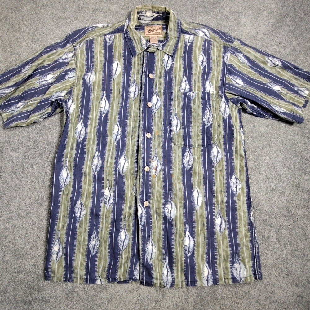 Woolrich Mens Medium Short Sleeve Button Up Shirt Blue Green Leaf Print Cotton